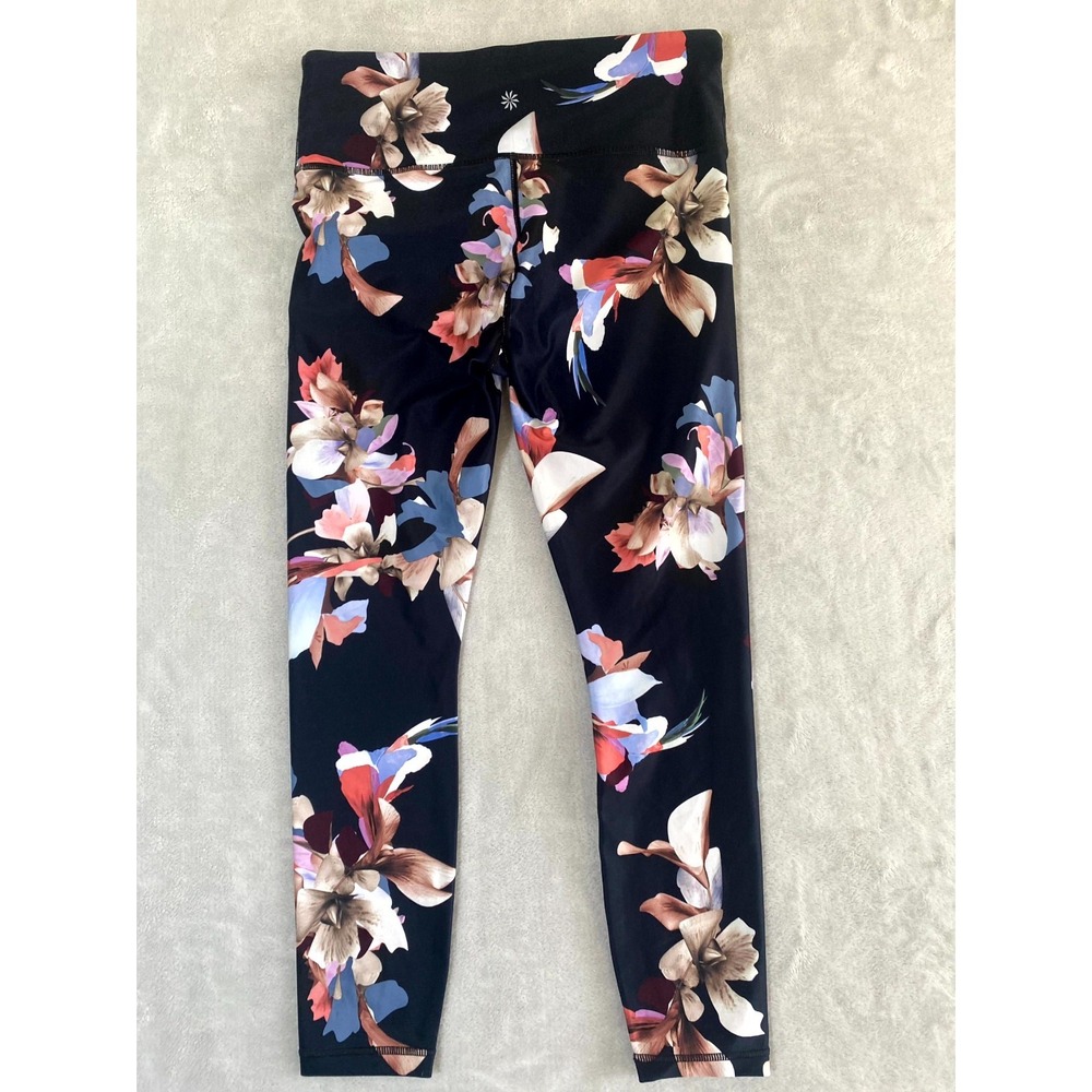 Athleta Leggings Womens Medium Black Floral High Waisted Pull On Athleisure Yoga - Picture 6 of 7